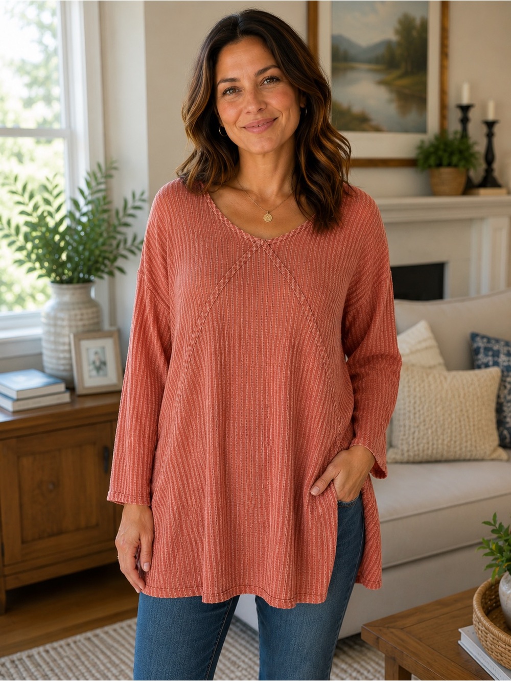 Flax Relaxed V-Neck Long Sleeve Tunic - Rust
